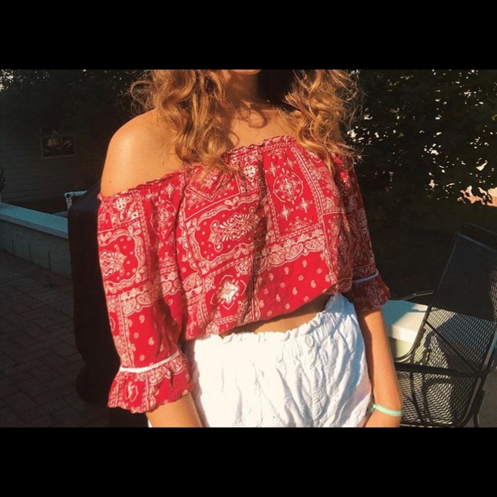 Bandana Print Crop Top/Off Shoulder